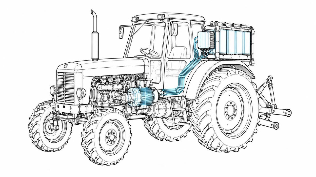 KI-generierte redaktionelle Illustration: Gamechanger: Ein Akkurucksack ­wertet alte Trecker zu Ackerhybriden auf